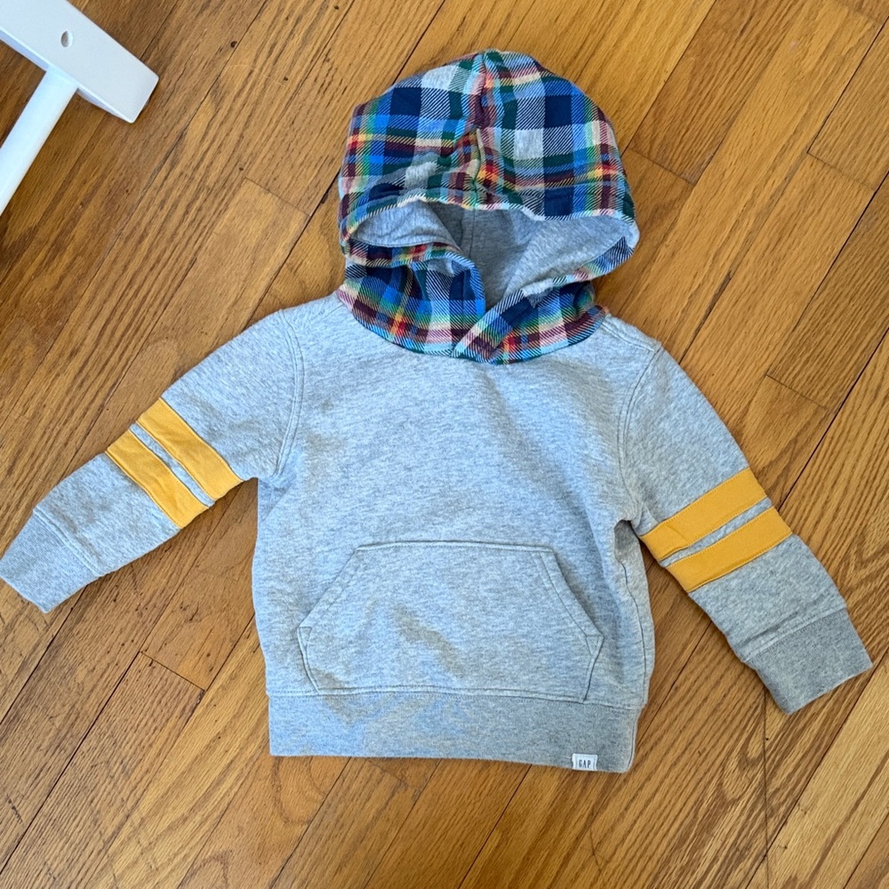 GAP Gray Hoodie with Plaid Hood and Yellow Stripes